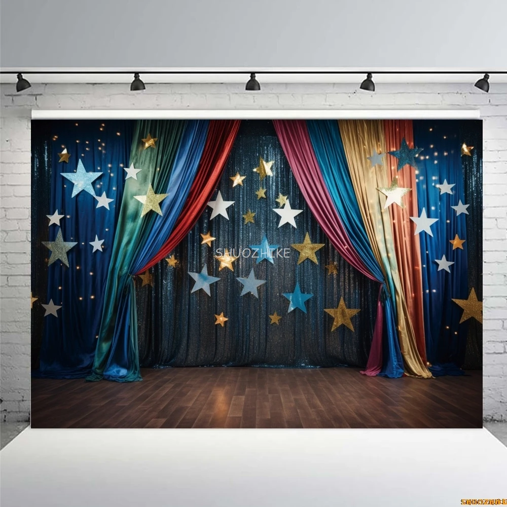 السيرك الأزرق الداكن الستار نجوم خلفية الاطفال حفلة عيد ميلاد مهرج عرض كرنفال التصوير خلفية ديكور صور استوديو الدعائم