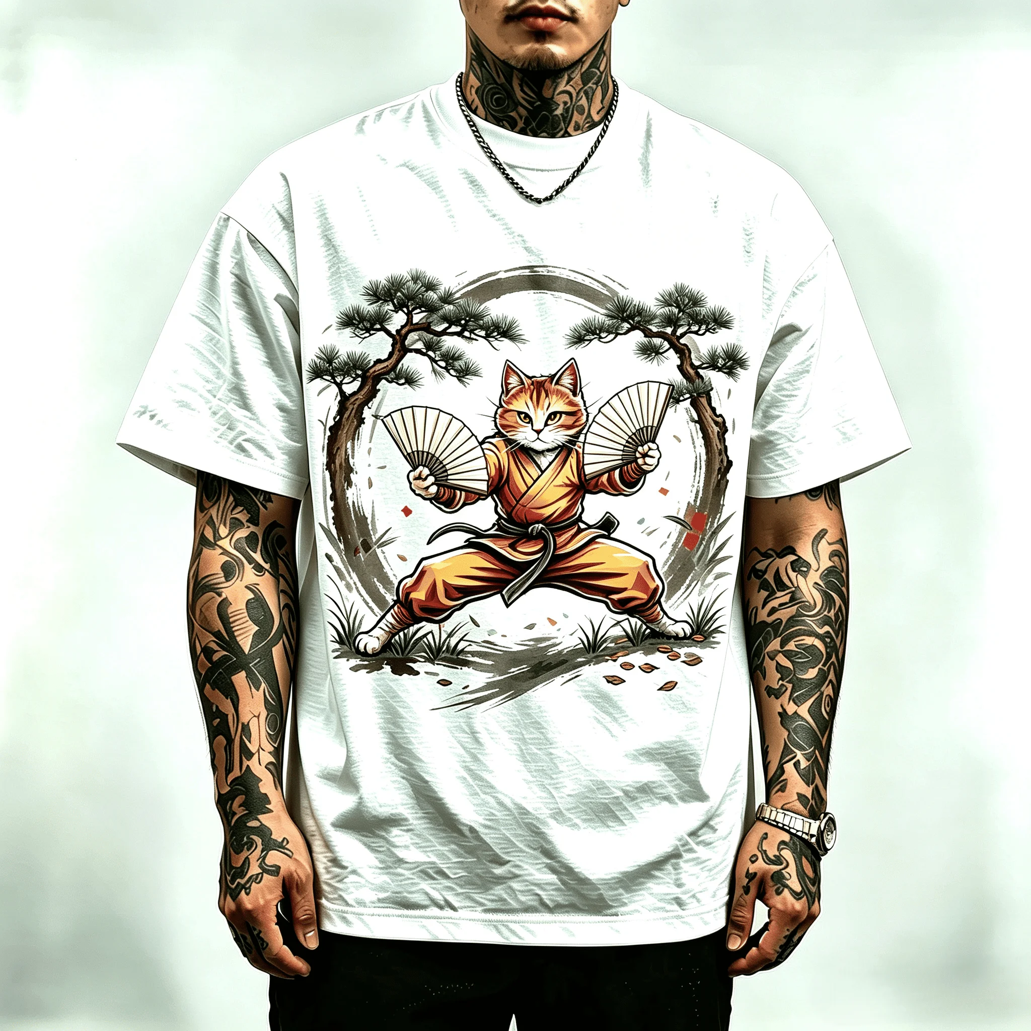 Martial Arts Samurai Cat T Shirt Men Women Streetwear Vintage Kung Fu Cat Graphic Tee Casual Unisex Short Sleeve Cotton Tshirt