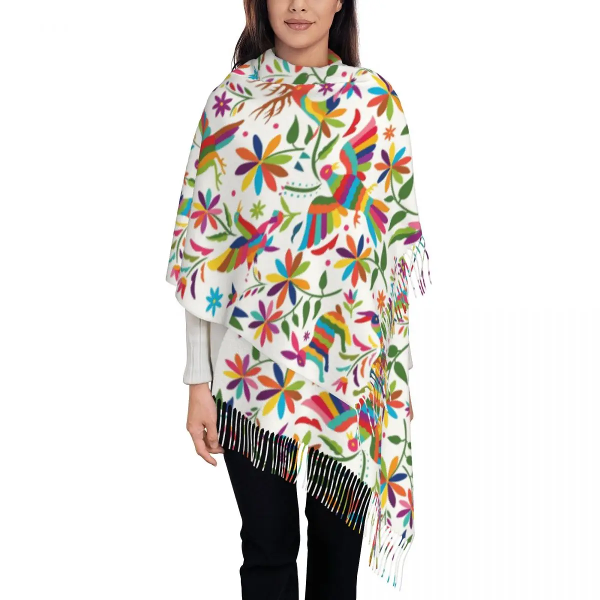 Customized Mexican Otomi Handicraft Tassel Scarf Women Soft Animal Floral Texture Shawl Wrap Ladies Winter Scarves