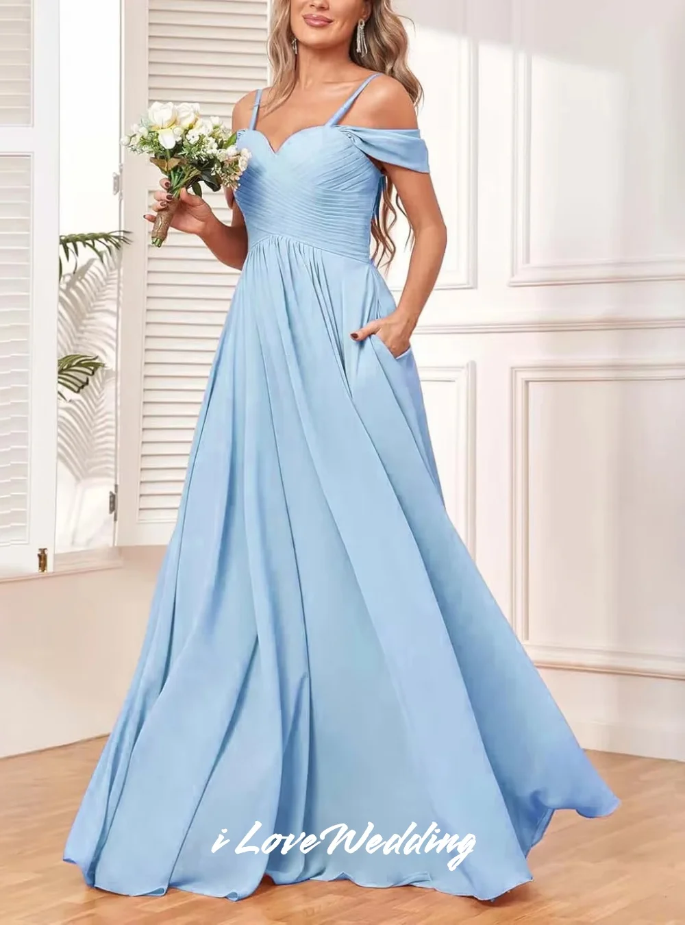 

Off Shoulder Bridesmaid Dresses 2025 Chiffon Sweetheart Lace-up A-Line With Pocket Floor-Length Wedding Guest Dresses Customized