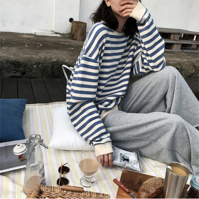 New autumn hoodies Women vintage Stripe Patchwork Sweatshirts casual loose Long Sleeve O Neck Pullovers thin y2k Tops streetwear