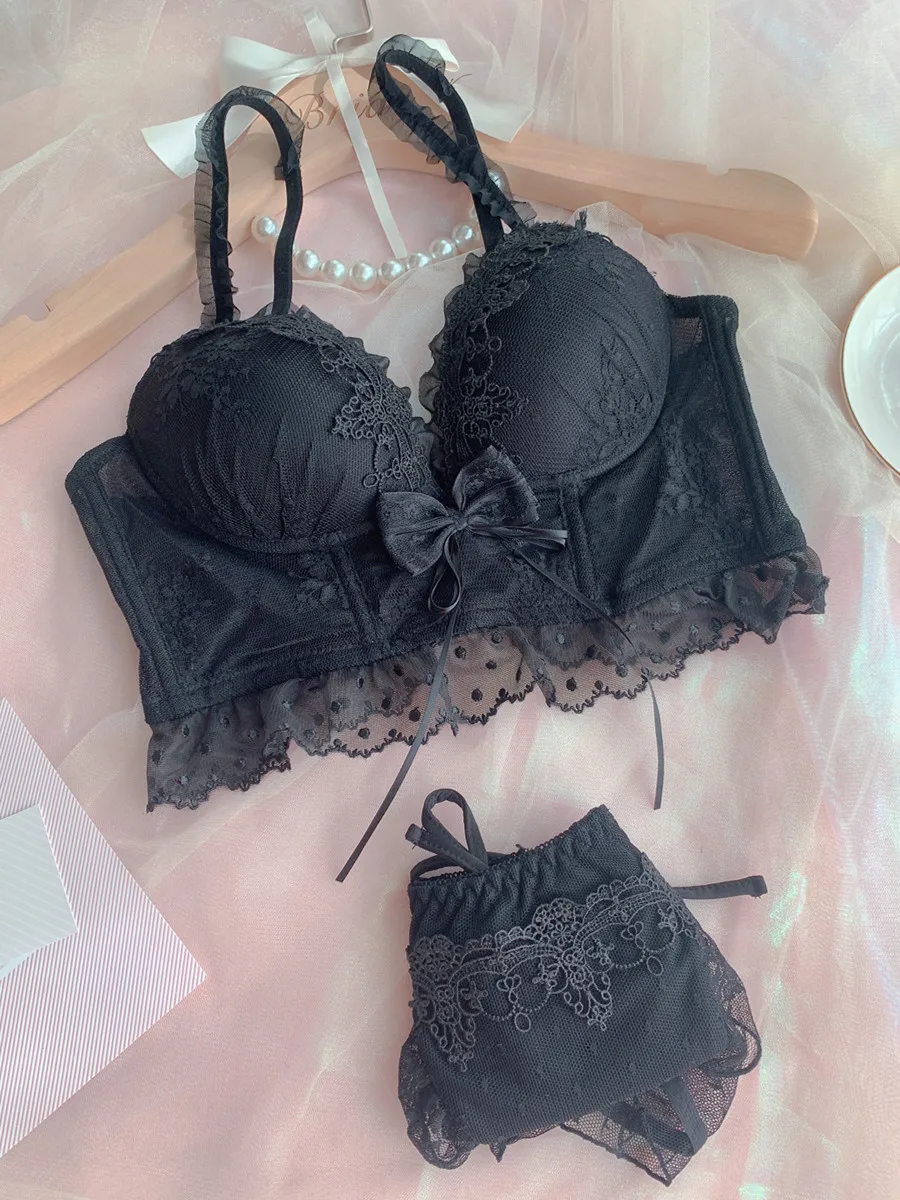 Japanese lolita bra and panty set no steel ring girl plastic waist bra set sexy gathered small chest bow cute underwear panties