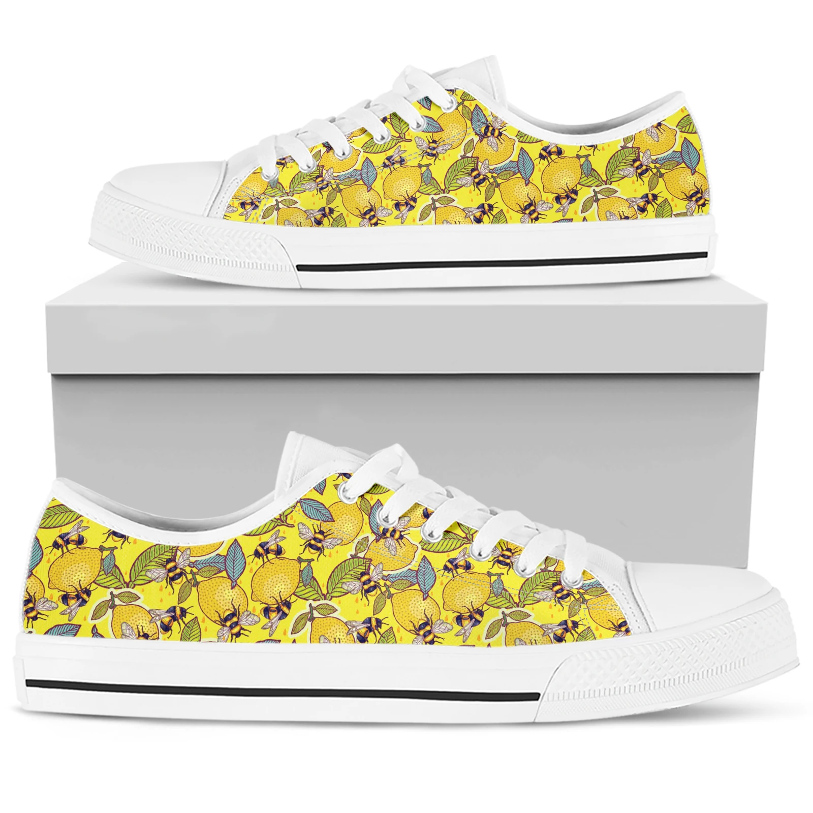 ELVISWORDS Yellow Bee Hive Design White Soft Sole Lace-up Shoes Lemon Print Shoes Fruit Insect Low-Top Canvas Shoes Chaussure