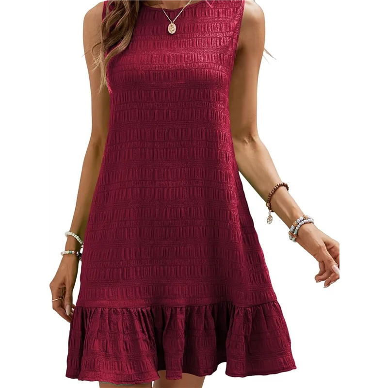 NUOVO-Vestito da donna senza maniche con orlo arricciato, girocollo, grembiule casual, mini abiti estivi