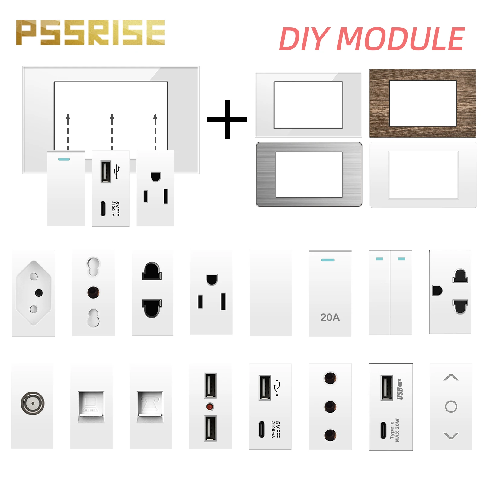 

PSSRISE Brazil Italy US EU standard Free combination white DIY 1/3 module switch socket Schuko socket Double USB TypeC TV Parts