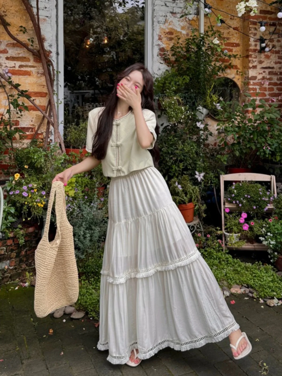 

plus Size Women's Short Shirt And Tassel Skirt Set High Waist Buckle Style Korean Loose Fit Summer Fashion Outfit