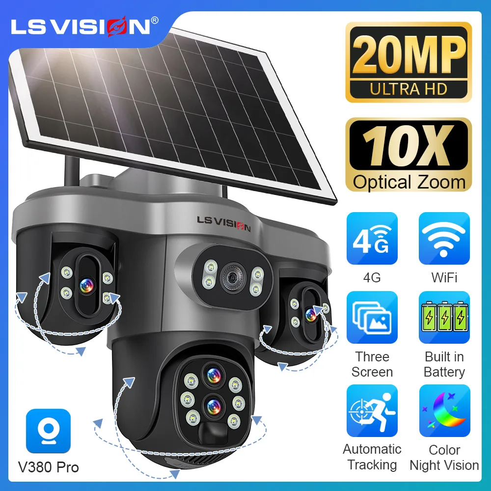 

LS VISION 20MP 10X Optical Zoom 4G Solar Camera Three PTZ Lens Three Screen WiFi Human Auto Tracking Surveillance Camera Outdoor