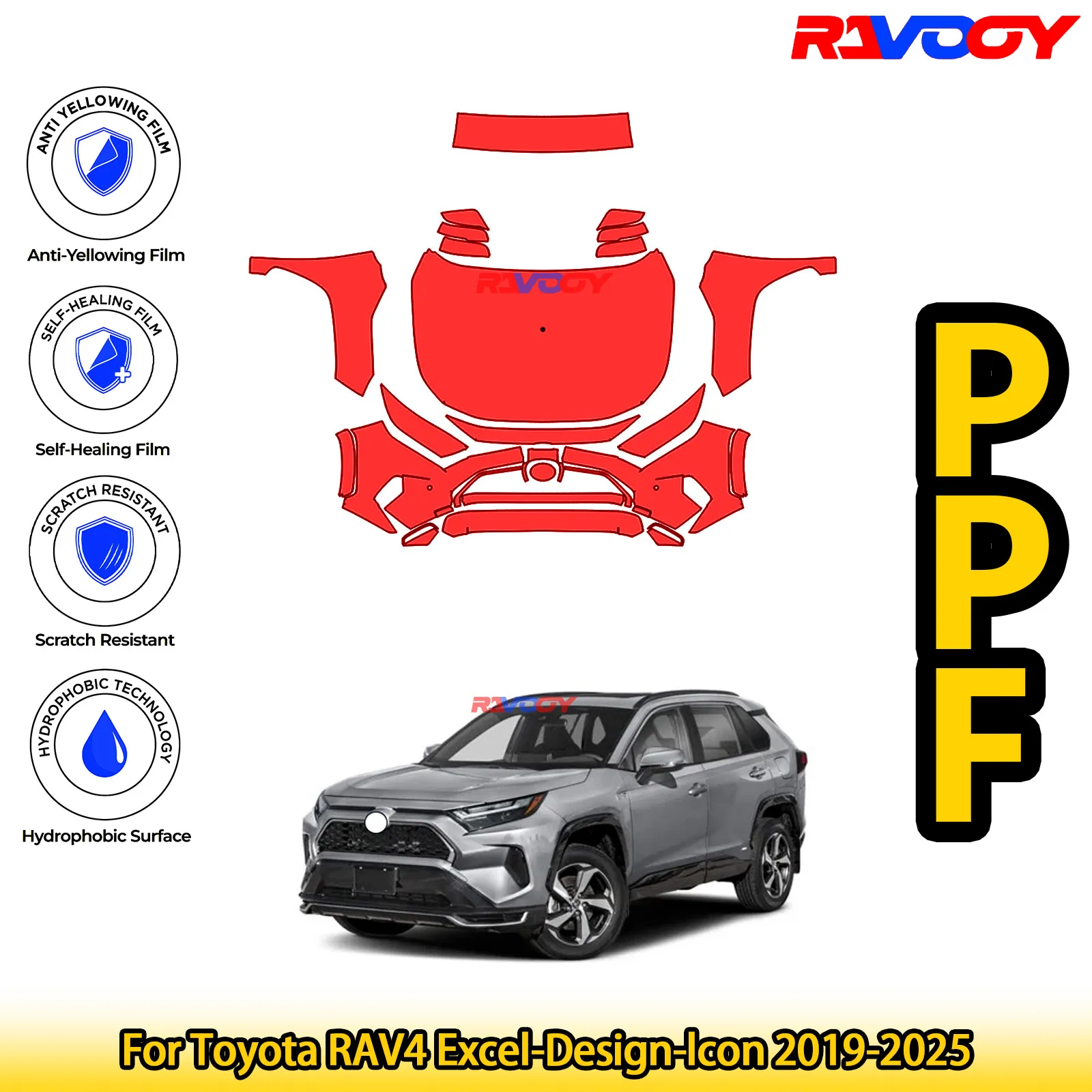 

Для Toyota RAV4 Excel-Design-lcon 2019-2025 глянцевый матовый черный предварительно вырезанный передний комплект PPF защитная пленка для краски