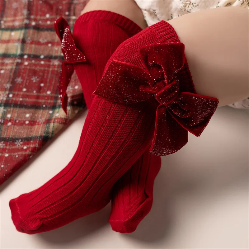 2 Paar/Set Weihnachts-Kniestrümpfe für Kleinkinder und Kinder, Mädchen, niedliche große Schleife, Neujahrs-Baumwoll-Langsocken, weiche warme Beinwärmer – Detail 5