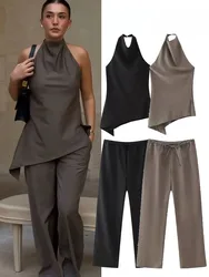 HH 2024 New Female Backless Woman Mini Halter Top Hem Tops Chic Suits Sexy Asymmetric Adjustable Waist Straight Leg Pants