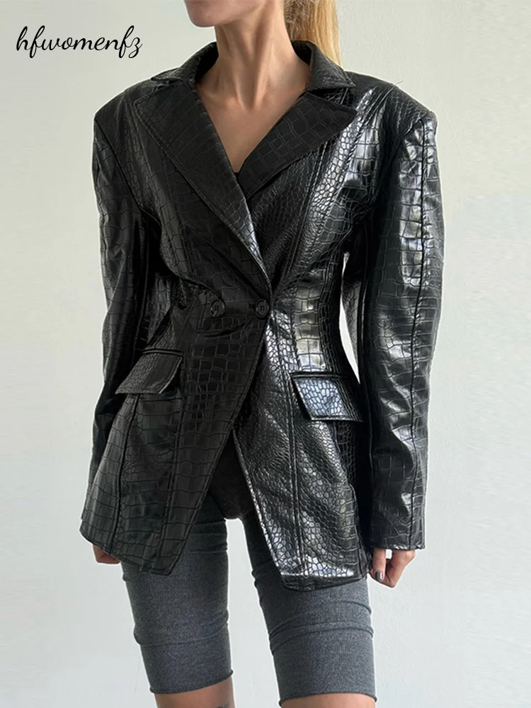 Y2K Women's Crocodile Embossed Faux Leather Blazer Black Notched Collar Shoulder Pads Waist Cinched Long Sleeve Jacket 2026 New