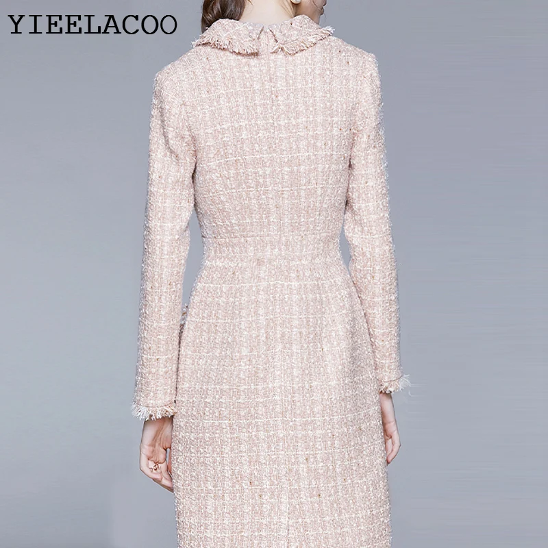 Pink tweed dress 2023 spring / autumn women\'s dress tassel Long sleeved ladies slim bottoming dress one-piece