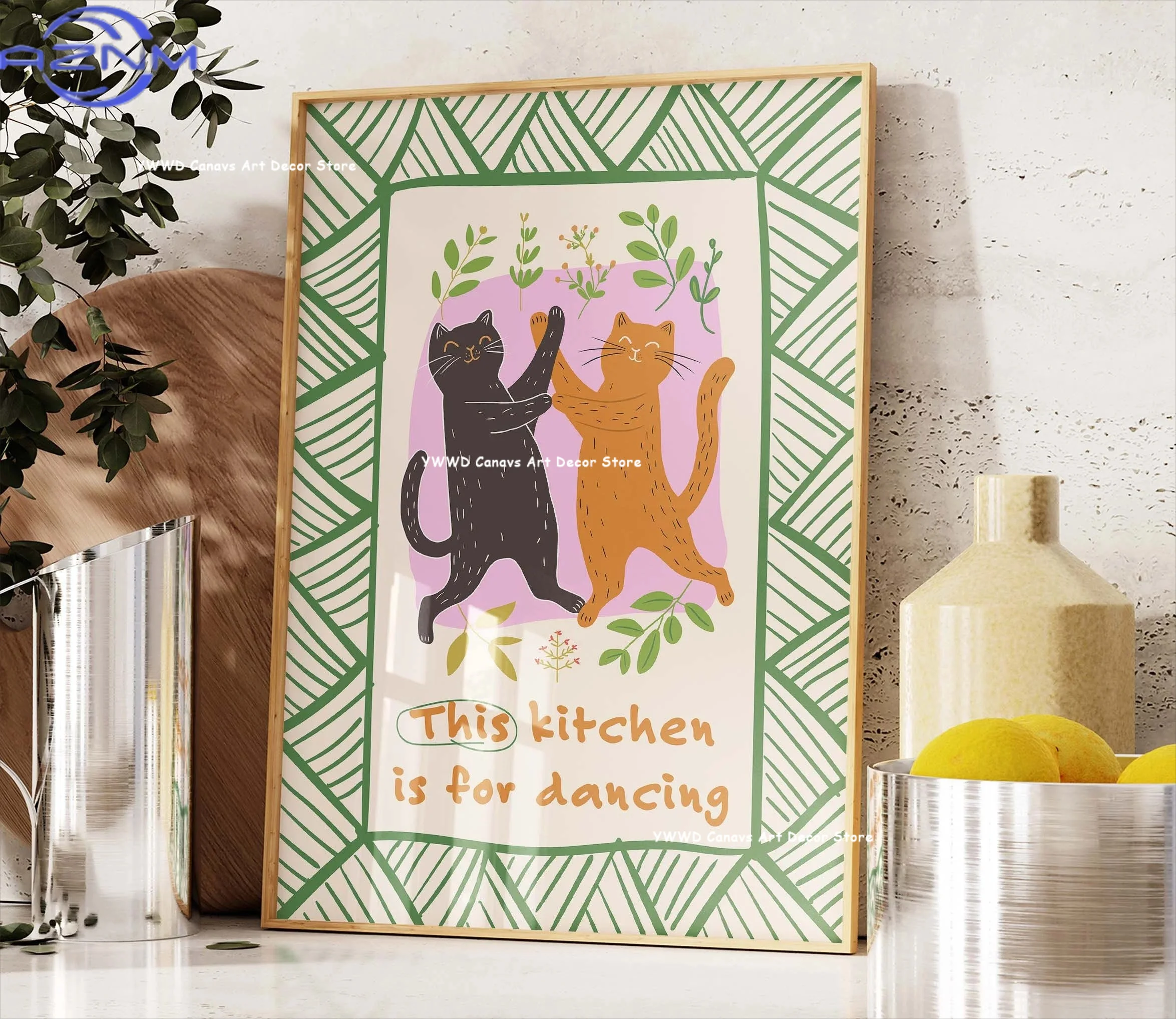 AZNM Póster de lienzo con citas de la serie This Kitchen Is for Dancing, arte de pared con gato japonés negro comiendo fideos y café expreso para el hogar
