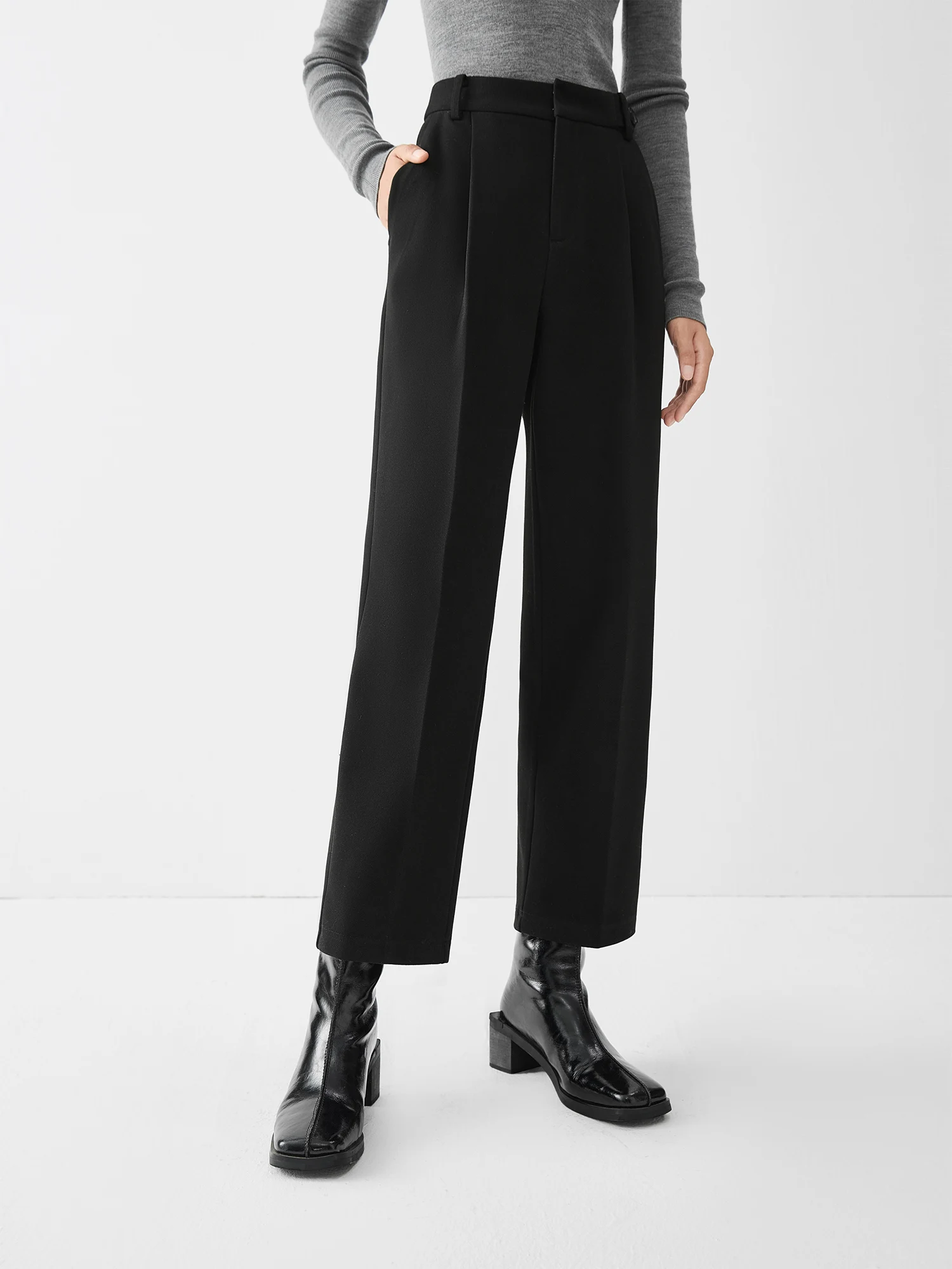 FSLE Women Winter Trousers High Waist Grey Female Cropped Tapered Pants Office Lady Commuter Winter Thicken Black Pant 24FS14471