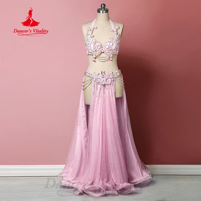 BellyDance Clothing for Women Customized Senior AB Stones Bra+pearl Chiffon Long Skirt 2pcs Oriental Dance Performance Costume