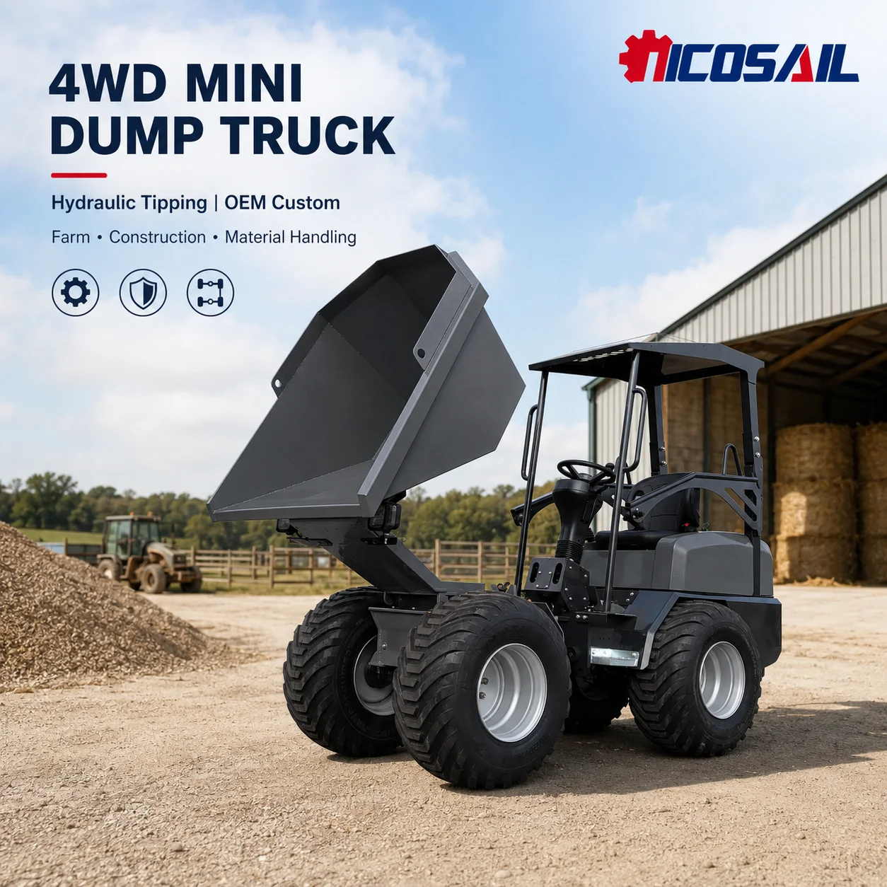 OEM Custom 4WD Mini Dump Truck Hydraulic Tipping Transport Vehicle for Farm, Construction and Material Handling