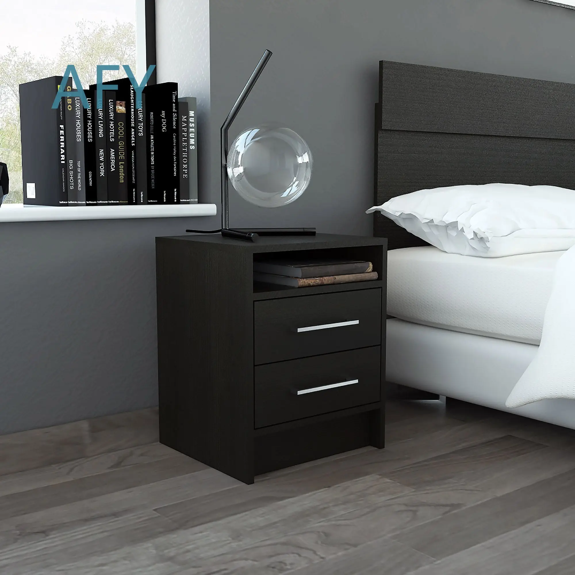 Rowley Black Wengue Rectangle Nightstand for Bedroom with 2 Drawers and 1 Shelf Modern Bedside Table for Small Space Storage
