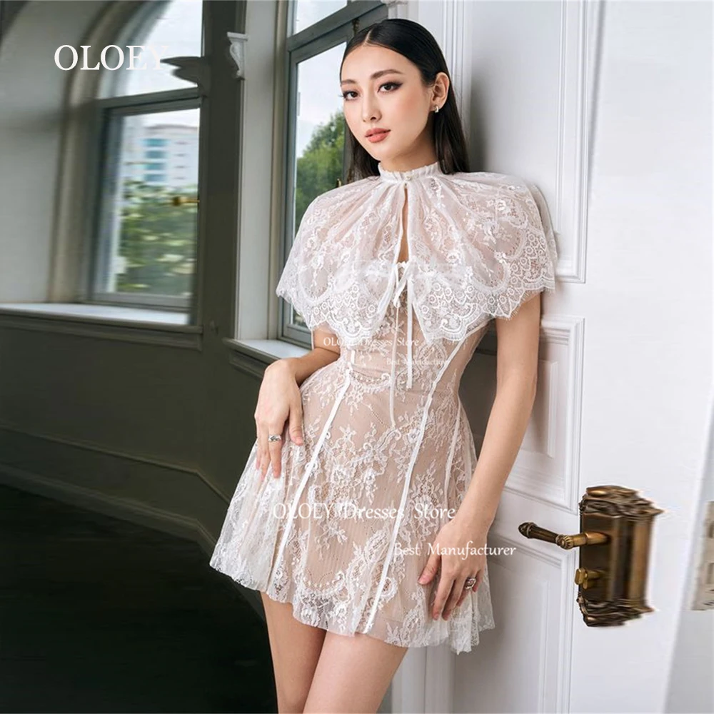 OLOEY Elegant Lace Short Wedding Dress With Cape A Line Photoshoot Sleevels Bridal Gown Above Knee Length Custom Made