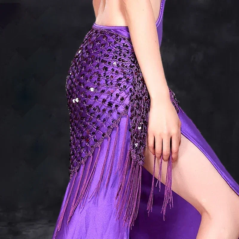 Ropa de práctica de danza del vientre, accesorios elásticos, cinturón triangular con borla larga, ganchillo a mano, danza del vientre, bufanda de cadera con lentejuelas, 12 colores