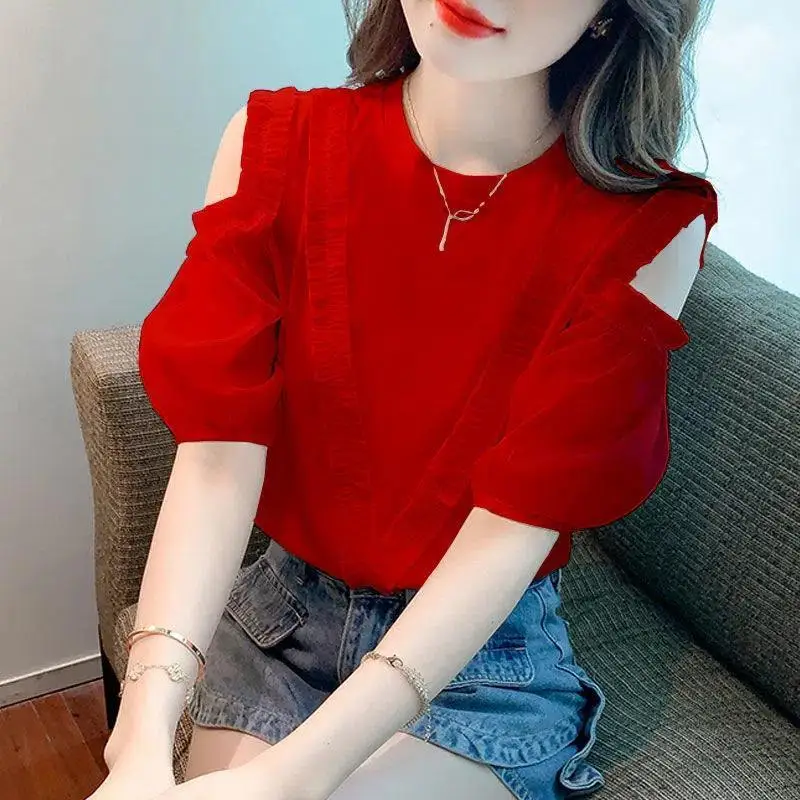 Women\'s 2024 Summer New Pullover Round Neck Fashion Solid Color Loose and Slim Lace Panel Off Shoulder Short Sleeve T-shirt Top