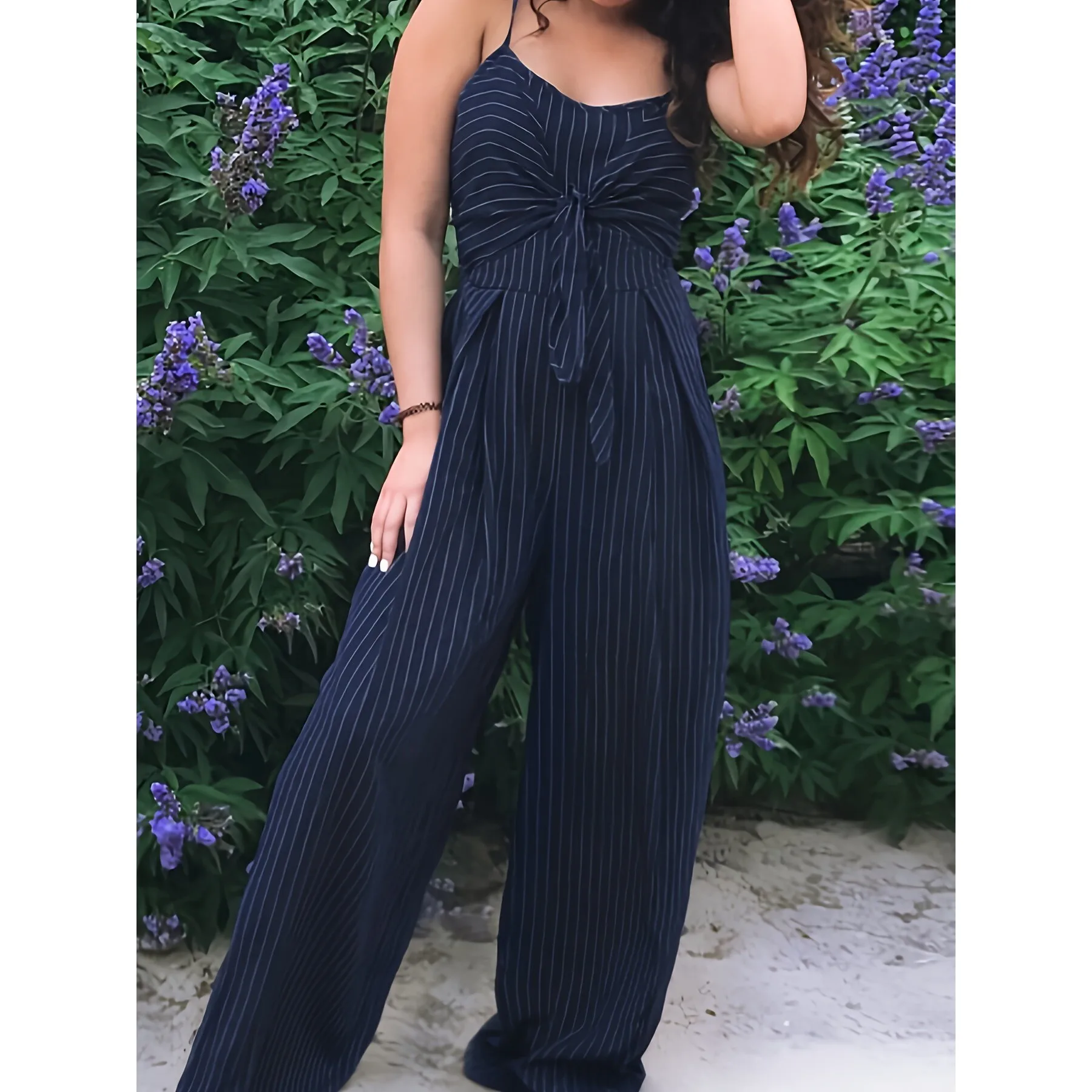 

Neutral Striped Jumpsuit Bow Tie Strappy Casual Harajuku Style Women's Spring Fashion Neutral Color One-Piece Suit