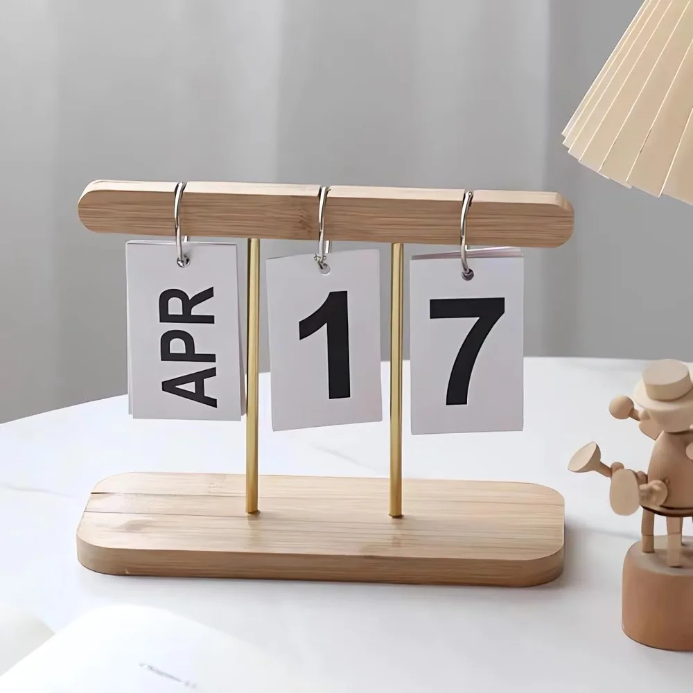 

Perpetual Daily Flip Calendar for Desk Reusable Office Desktop Decor Home Accessories Photography Props (Wooden)