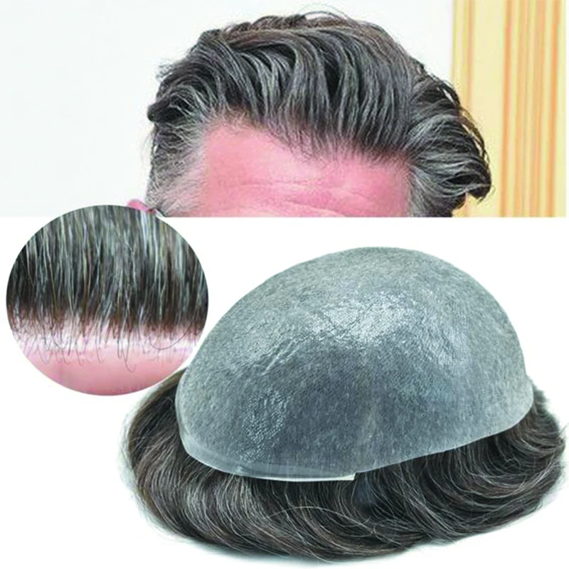 Toupee super fino da pele do plutônio para homens, o Vloop o mais fino, peruca masculina, sistema do cabelo da prótese, cabelo humano cinzento, 0.02-0.03mm