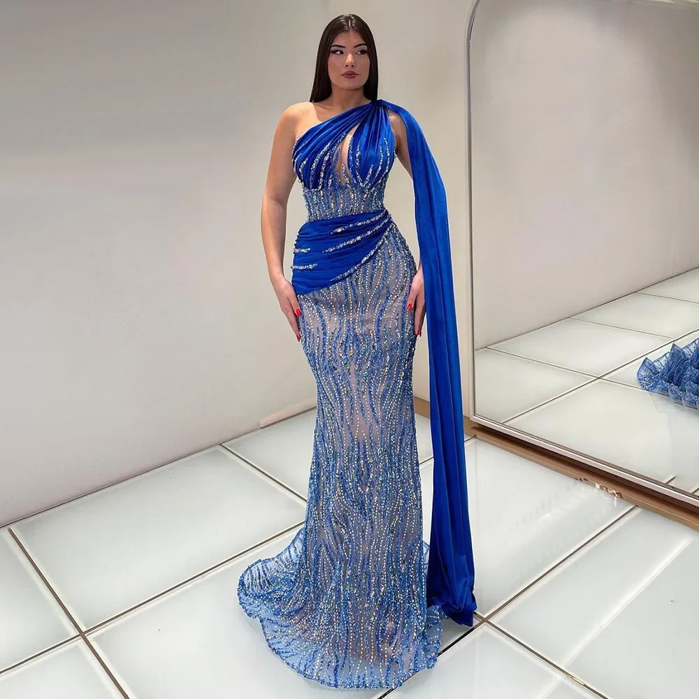 Serene Hill Blue Mermaid One Shoulder  Cape Sleeve Beaded  Evening Dresses Gowns  2024 LA72323 Customized