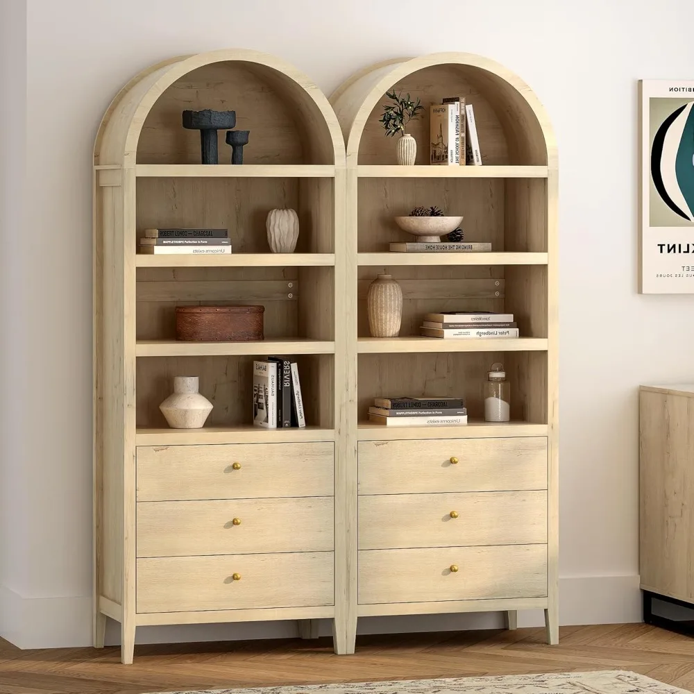 

Tall Arched Bookshelf with Drawers, 71" Wood Bookcase with Storage Farmhouse Display Cabinet Wooden Bookshelves Mid-Century Mode