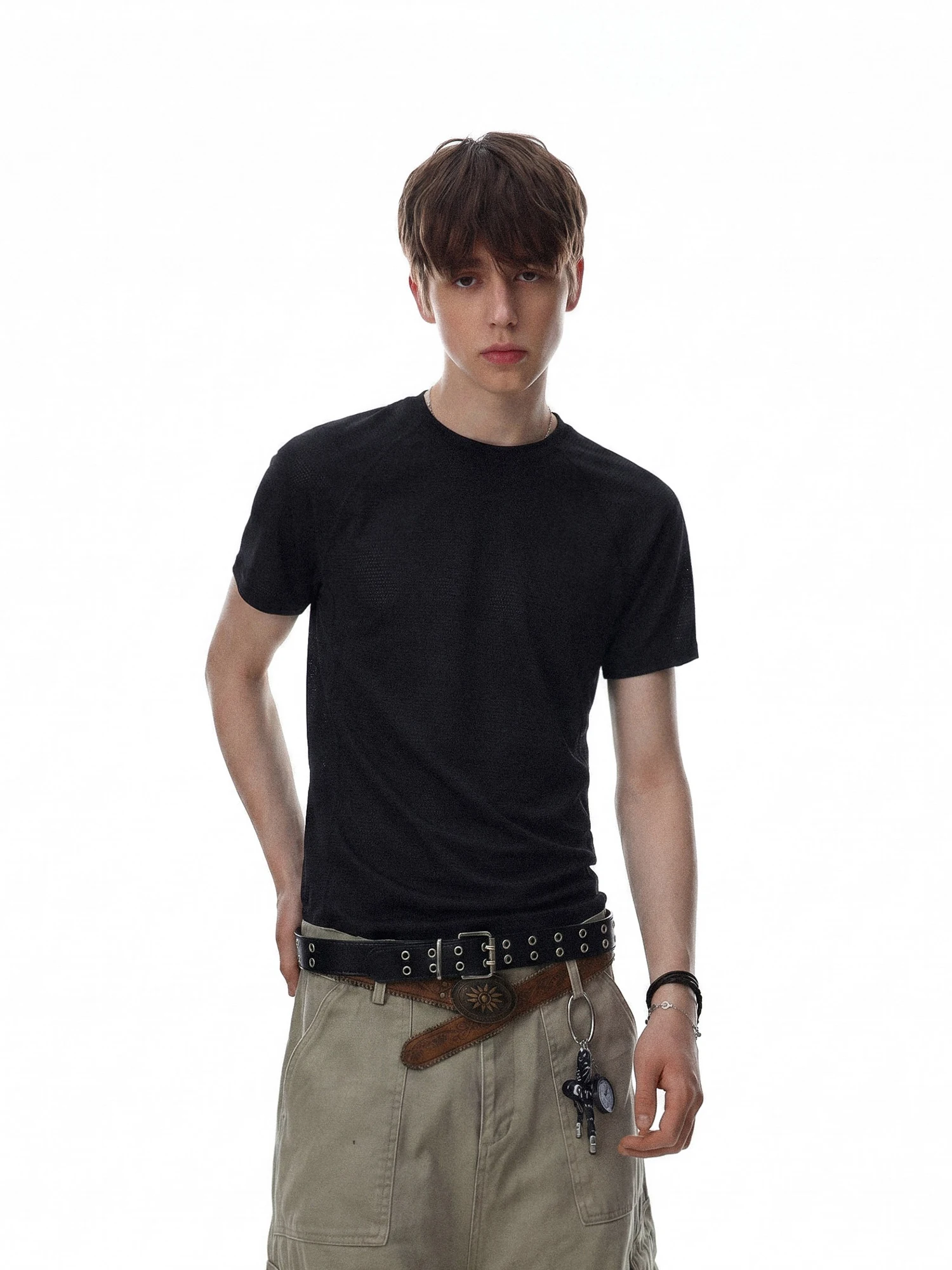 American Style Casual Short Sleeve T-Shirt Loose Fit Modal Plaid High-End Feeling Summer Top for Men round Neck Regular Length
