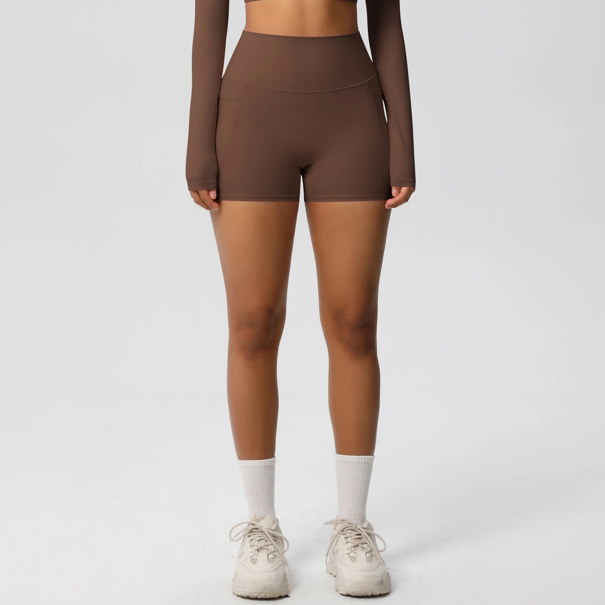 Einfarbige Yogahose mit Taschen, schnell trocknend, hohe Taille, für Fitnessstudio, Push-Up-Yoga-Shorts für Damen, atmungsaktiv, Workout, Fitness, kurz – Detail 8