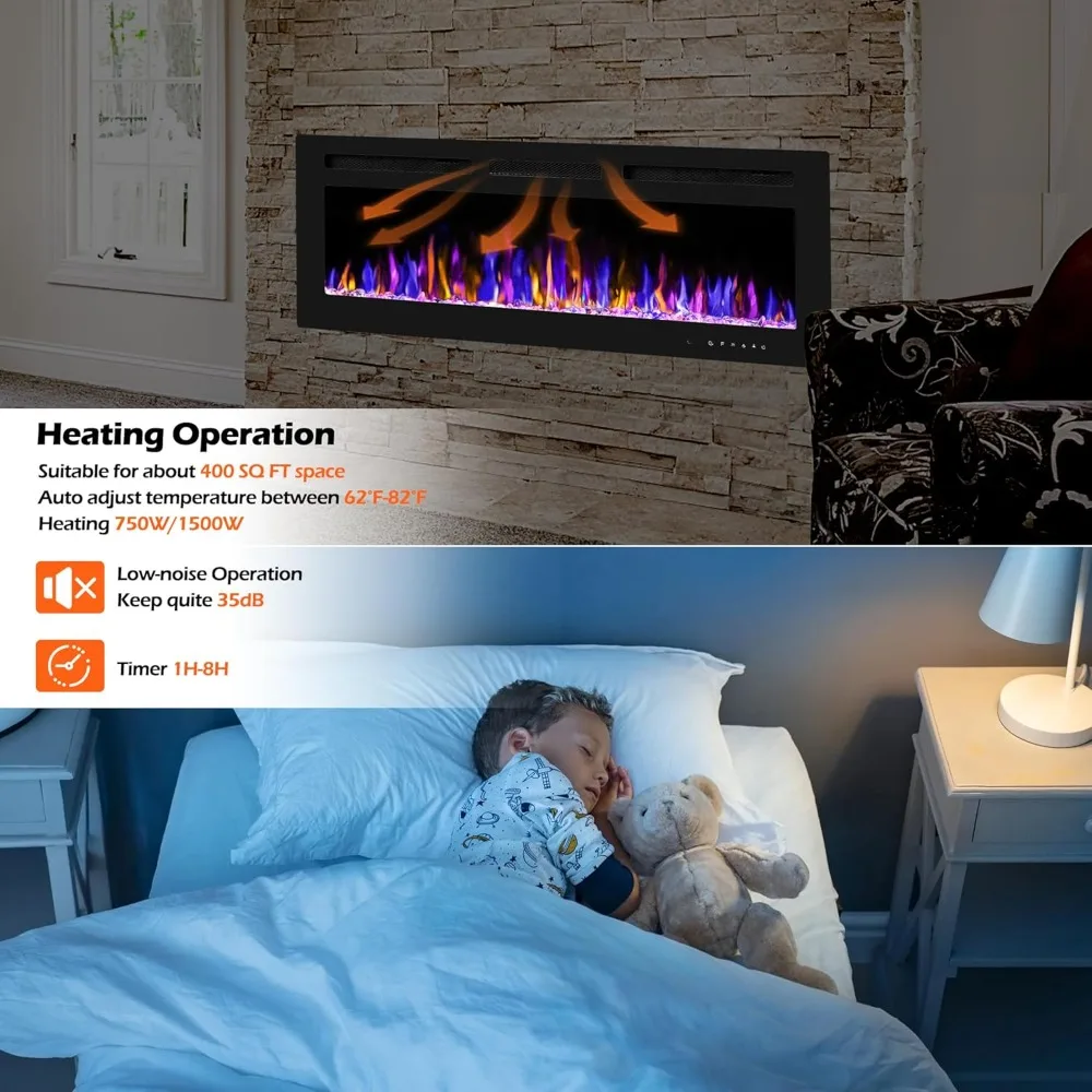 Cheminée murale électrique de 50 pouces avec télécommande, chauffage mince 750 W/1500 W avec minuterie et réglages réglables