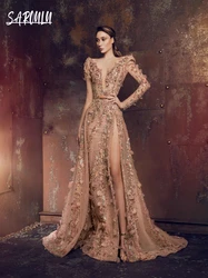 Sexy V-neck Side Slit Evening Dress Fashion Shiny Appliques Formal Cocktail Party Birthday A-line Prom Gown Vestidos De Novia