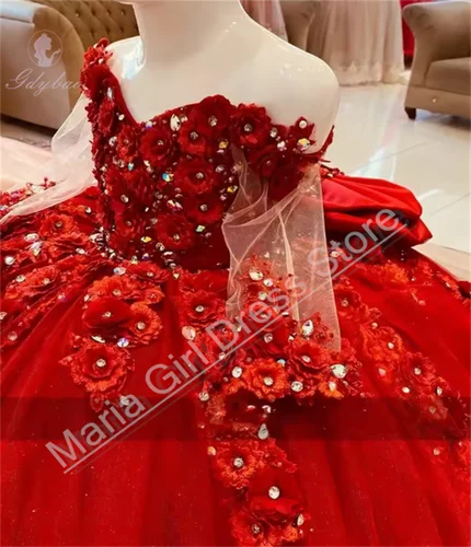 Imagen 2 del producto Vestido de niña de flores rojas para boda, vestido de desfile con lazo y hombros descubiertos de malla esponjosa, fiesta de princesa, cumpleaños, personalizado