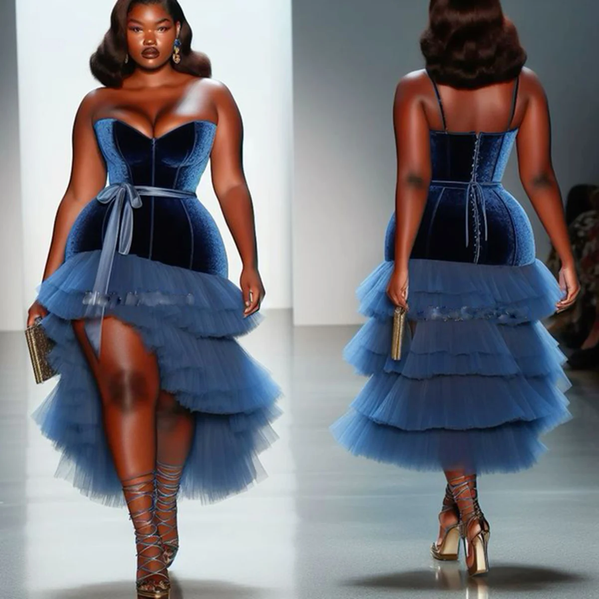 

Navy Blue Strapless Velvet Prom Desses Tulle Tiered High Low Lace Up Back Evening Gowns Plus Size Women Cocktail Party Dress