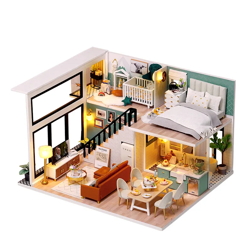 DIY ไม้ Miniature Model Kit Modern Loft Casa บ้านตุ๊กตา 3D ปริศนาตุ๊กตาพร้อมไฟเฟอร์นิเจอร์สําหรับของขวัญวันเกิดเพื่อน