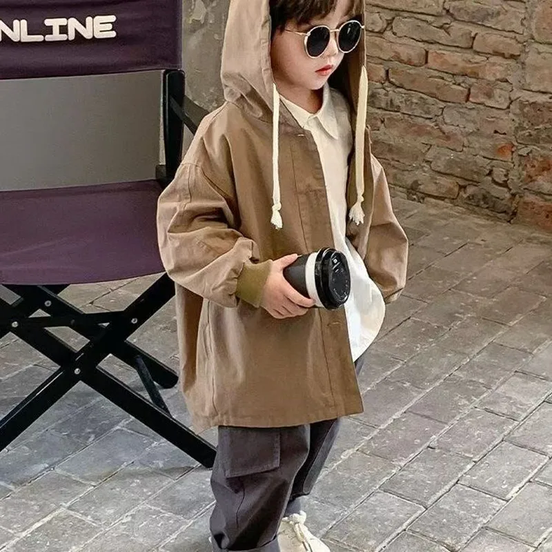 Korean Children's Baby Western Style Hooded Jacket without hat rope 90-140cm 2-7 Year Kids Boys Trench Coat Spring and Autumn