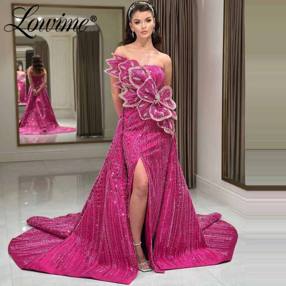 فساتين لحضور الحفلات الموسيقية باللون الوردي الساخن بدون حمالات فستان سهرة عربي دبي 2025 مخصص لحفلات الخطوبة مع ذيل طويل رداء السهرة #2