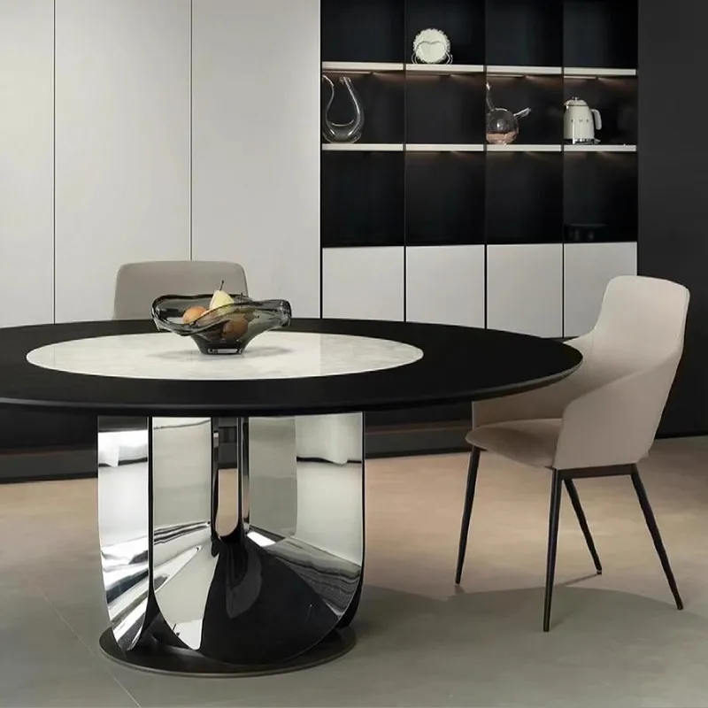 Italiano, minimalista, madeira maciça, incrustado, mármore, mesa de jantar redonda, aço inoxidável, luxo leve, alto sentido