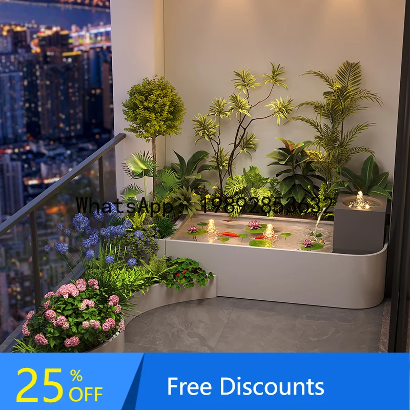 

CZ Steel Garden Water Feature Circulating Water Landscape Fish Pond Balcony Fountain Water Feature Fish Tank Flower Box Set