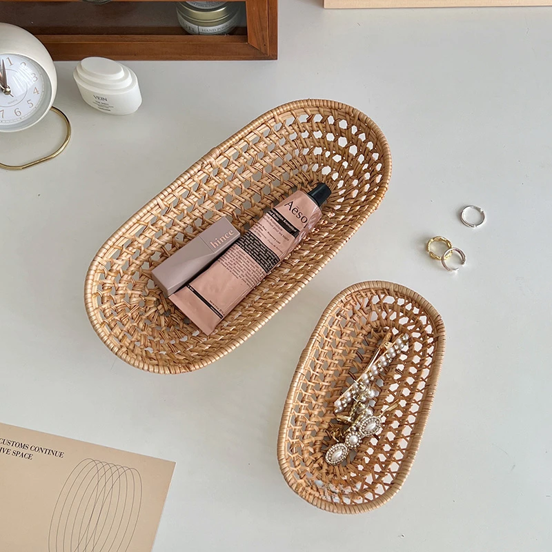 Ins Hand-woven Rattan Desktop Storage Tray Jewelry Storage Tray Rattan Braided Food Basket Unbreakable Household Supplies