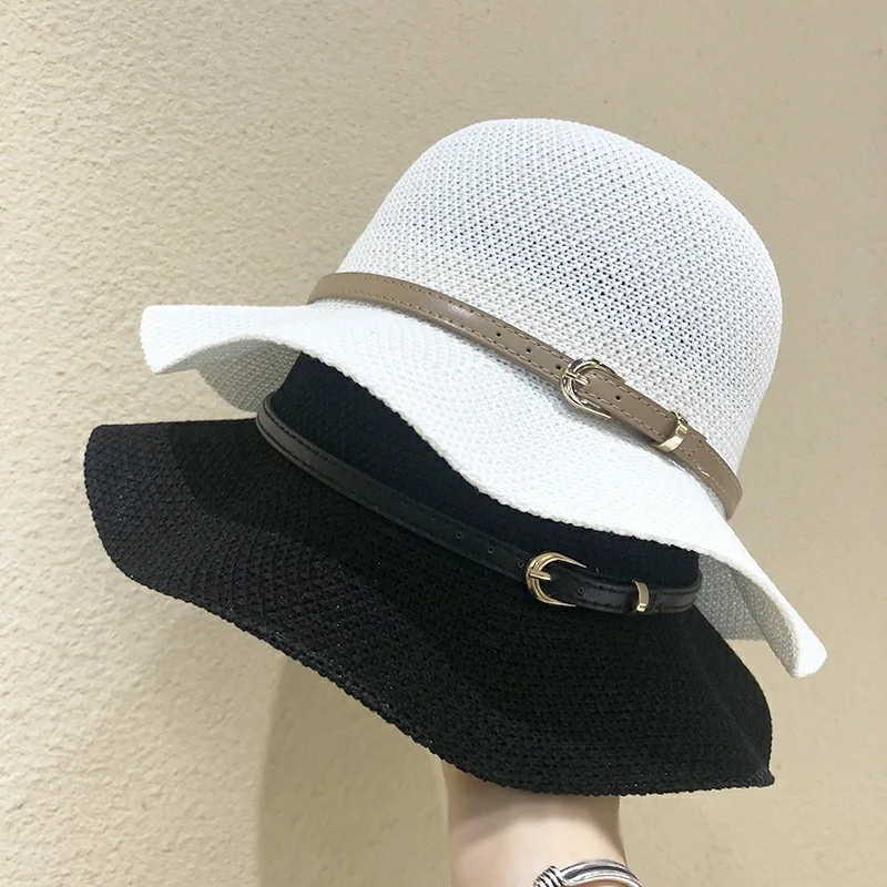 

Korean version fashionable belt buckle dome flax fisherman hat female sunshade sunscreen wave eaves summer basin hat tide