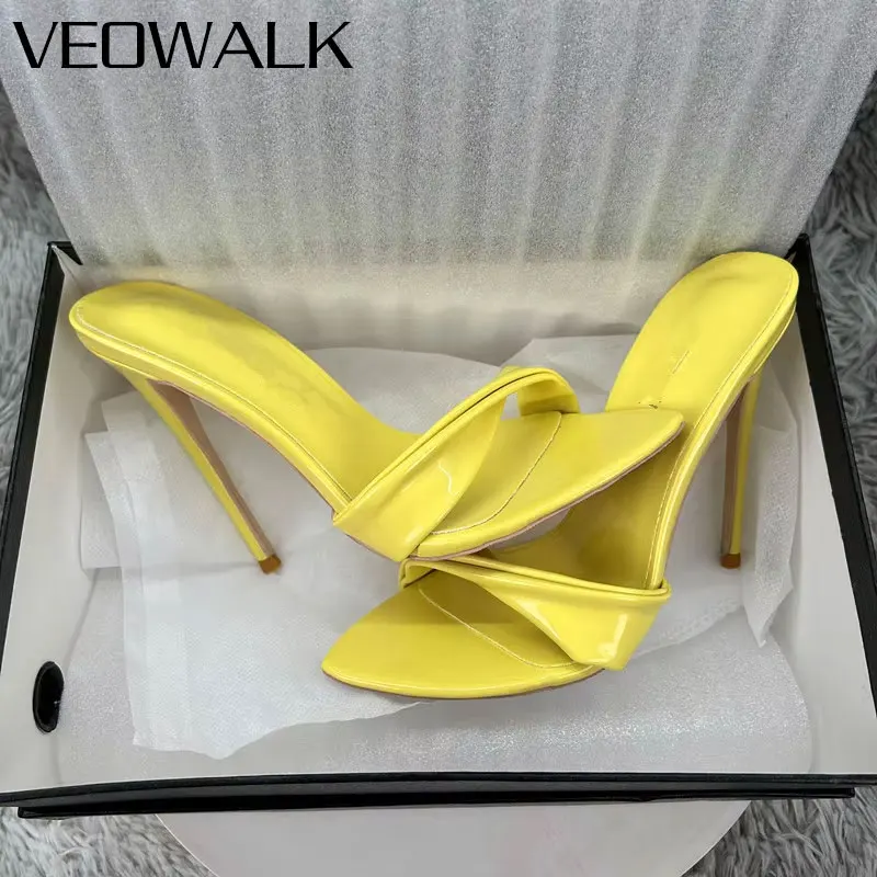 Veowalk Classic Women Yellow Pointed Toe Heeled Mules, 10/12CM Stiletto High Heel Slide Sandals Fashion Slippers for Party