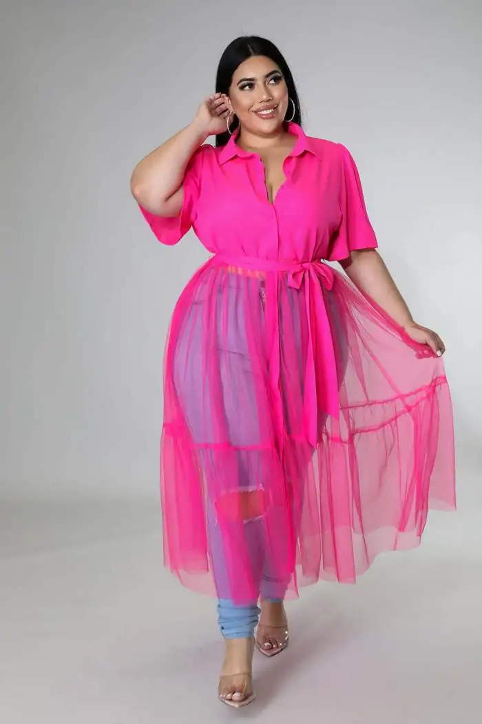 Spring  plus Size Long Blouse Ladies irt Fat Women High Waist  Ne Polyester Fiber A-Line Dr Commute Sle