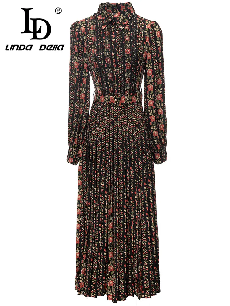 LD LINDA DELLA 2024 Autumn Vintage Fashion Dress Women's Splice long sleeve Belt Single-breasted Long Bouffant Floral Dress