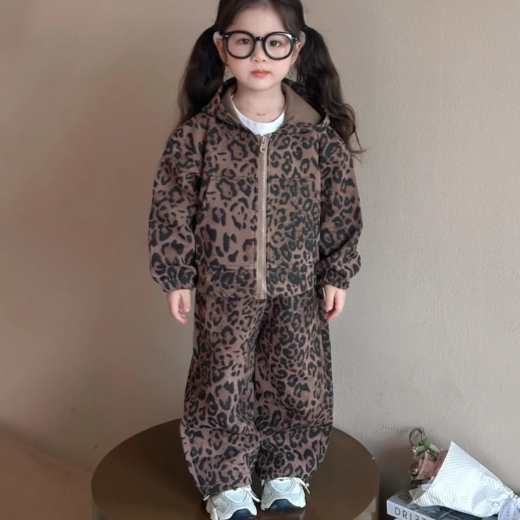 

Girls Suit 2025 Autumn and Winter New Children's Clothing Korean Style Girl Baby Fashion Leopard Print Hoodie Sports Two Sets