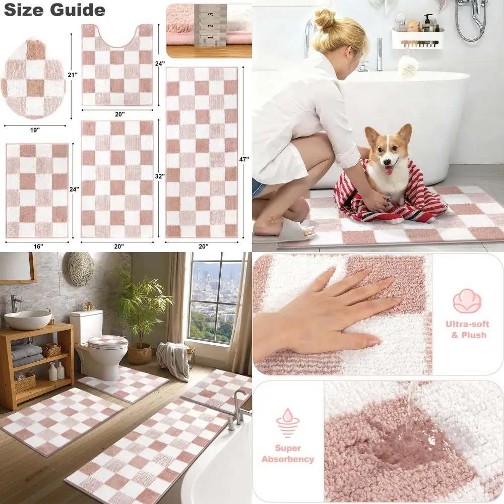

5-Piece Pink Checkered Bath Rug Set: Non-Slip, Ultra Absorbent Microfiber Mats, Machine Washable Plush Shag for Bathroom and Sho