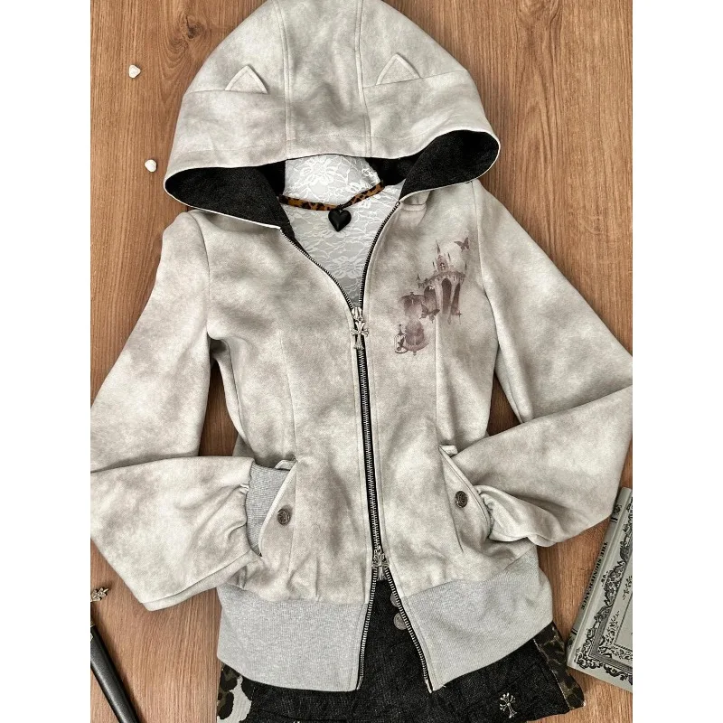 Y2k Women Autumn Winter New Style Cultivate One's (moral) Character Overcoat Grey Hooded Hoodie Divine Church Printing Cardigan