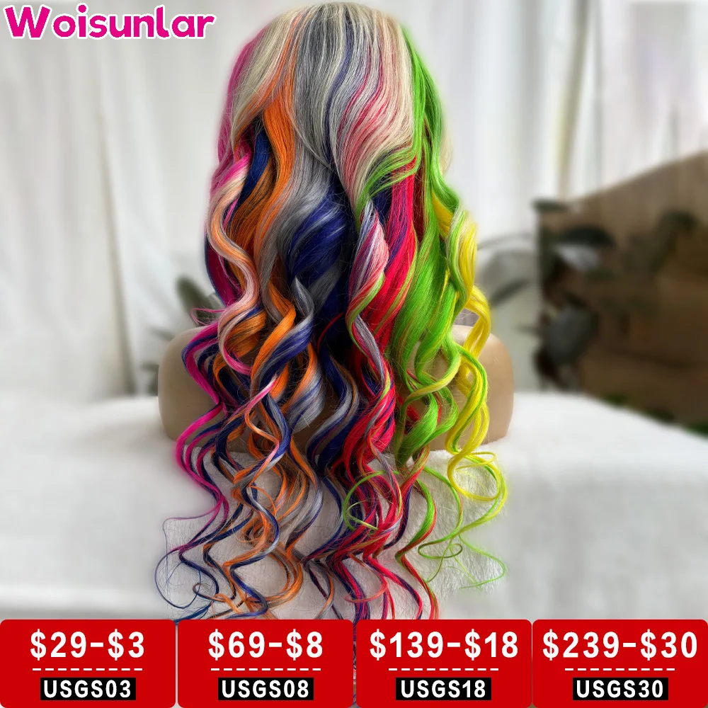 Highlight Colored Green Yellow and Blue Pink Front Wigs Human Hair For Women Body Wave 13x4 Transparent lace Frontal human hair