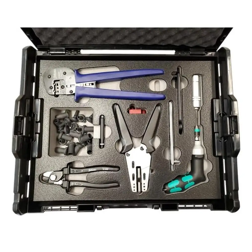 Solar Panel MC4 Tool Case Set with Torque Tool Stripping Pliers Cable Cutter Test Plug Sealing Caps Black PV-WZ/AWG-SET-23100